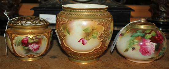 Two Royal Worcester rose painted small rose bowls (one damaged) and a similar urn, unsigned (3)